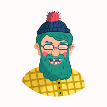 Vector portrait of a laughing old man with glasses, no teeth in a blue hat with. Illustration of an elderly man in glasses with green hair and a beard in a yellow shirt.