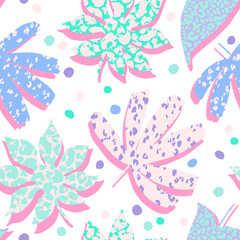 Abstract repeating tropical leaves background. Bold cartoon leaves with animal print seamless pattern