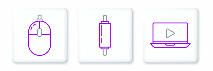 Set line Online play video, Computer mouse and Rolling pin icon. Vector