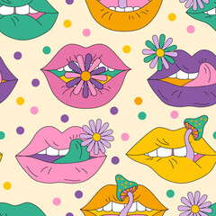 Psychedelic pattern lips with flowers in 70s 80s retro hippie style