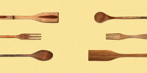 Topview of Set Cooking Wooden Utensils on Yellow Background