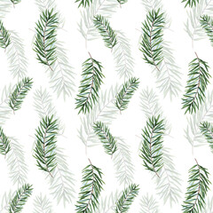 Watercolor Christmas tree branches seamless pattern. Hand painted texture with fir-needle natural elements isolated on white background. Winter wallpaper