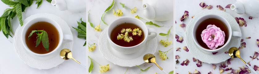 Banner with different types of tea on a white background. Mint tea, tea rose and lime tea