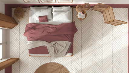 Wooden country bedroom in white and red tones. Mater bed with blankets. Windows with shutters and parquet floor, top view, plan, above. Interior design