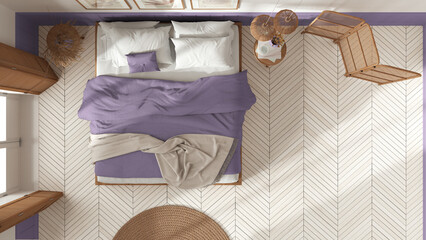 Fototapeta na wymiar Wooden country bedroom in white and purple tones. Mater bed with blankets. Windows with shutters and parquet floor, top view, plan, above. Interior design
