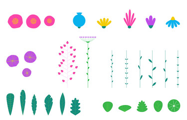 Set of flat style leaves and flowers.
