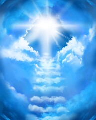 Illustration of cloud’s stairs leading to the heaven in blue sky landscape