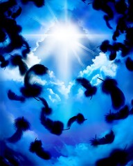 Illustration depicting a gap in the clouds leading to heaven in a blue sky landscape with black feathers dancing