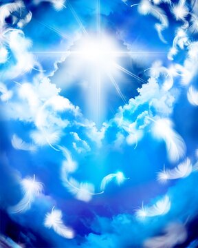 Illustration depicting a gap in the clouds leading to heaven in a blue sky landscape with white feathers dancing
