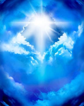 Illustration depicting a gap in the clouds leading to heaven in a blue sky landscape．