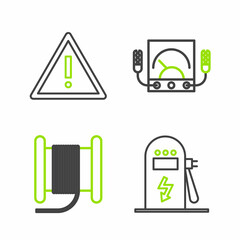 Set line Electric car charging station, Wire electric cable reel or drum, Ampere meter, multimeter, voltmeter and Exclamation mark triangle icon. Vector