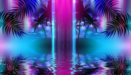 Fototapeta na wymiar Silhouettes of tropical palm trees against an abstract background with a dark cloud. Reflection of palm trees in the water. Geometric figure in neon glow. Beach party. 3d illustration