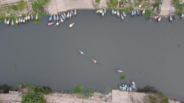Aerial View of Boats Crossing Turag River in Bangladesh