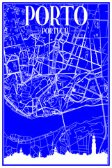 Technical drawing printout city poster with panoramic skyline and hand-drawn streets network on blue background of the downtown PORTO, PORTUGAL