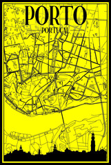 Golden printout city poster with panoramic skyline and hand-drawn streets network on yellow and black background of the downtown PORTO, PORTUGAL