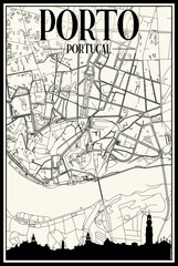 Light printout city poster with panoramic skyline and hand-drawn streets network on vintage beige background of the downtown PORTO, PORTUGAL