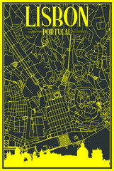 Yellow printout city poster with panoramic skyline and hand-drawn streets network on dark gray background of the downtown LISBON, PORTUGAL