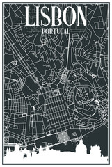 Dark printout city poster with panoramic skyline and hand-drawn streets network on dark gray background of the downtown LISBON, PORTUGAL