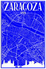 Technical drawing printout city poster with panoramic skyline and hand-drawn streets network on blue background of the downtown ZARAGOZA, SPAIN