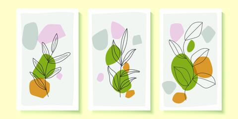 Set of abstract art nature background vector illustration. Modern shape line art botanical,tropical design.