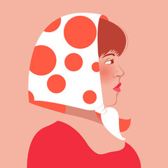 profile of a woman in a white headscarf with red circles - obrazy, fototapety, plakaty