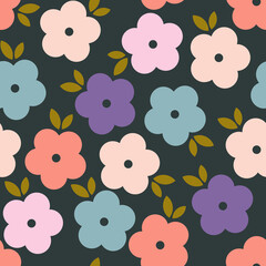 Vector flowers pattern background. Seamless texture with simple flat flower shapes. Abstract floral ornament - 515380916