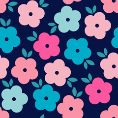 Vector flowers pattern background. Seamless texture with simple flat flower shapes. Abstract floral ornament - 515380917