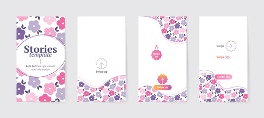 Floral template for stories. Vector banners with place for text. Set of elegant frames for publications. Vertical backgrounds with abstract flowers with pink swipe buttons and lines for posts - 515380919