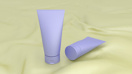 Two blue tubes on a yellow fabric for cosmetic products. Blank for mockup. A stage to showcase the design of cosmetic products. 3D render.