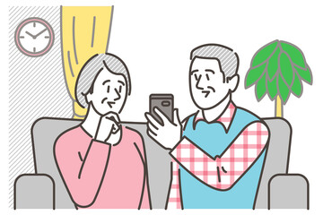 Senior couple discussing while looking at their phones [Vector illustration].