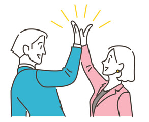 Male and female businessperson high-fiving [Vector illustration of upper body].