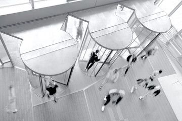 group of people in the lobby business center and blue tonality