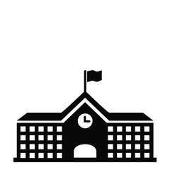 School with a green lawn. Icon. Flat vector illustration isolated on white background.High school building icon, outline vector sign, linear style pictogram isolated on white. Symbol, logo illustratio