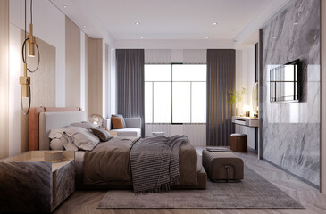 3d rendering,3d illustration, Interior Scene and  Mockup,bedroom interior 3d render,headboard decorated with wood.