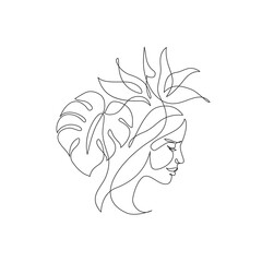 Elegant one line drawing of abstract woman face with tropical flower