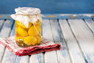 Jar With Marinated Yellow Scallop Squash Homemade Pickled Pattypan Squash Wooden Background Copy...