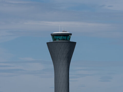 Edinburgh-UK-June 20,2022- Close View Of Air Traffic Control Tower Centre Image At Edinburgh Airport In UK. Blue Sky Background