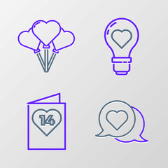 Set line Heart in speech bubble, Valentines day flyer with heart, shape light bulb and Balloons form of icon. Vector