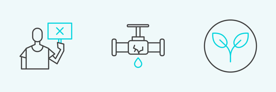 Set line Bio fuel, Nature saving protest and Broken pipe with leaking water icon. Vector