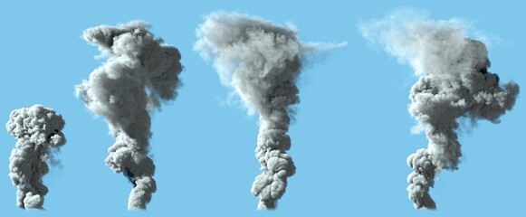 4 renders of dense bright smoke column as from volcano or large industrial explosion - disaster concept, industrial 3d illustration