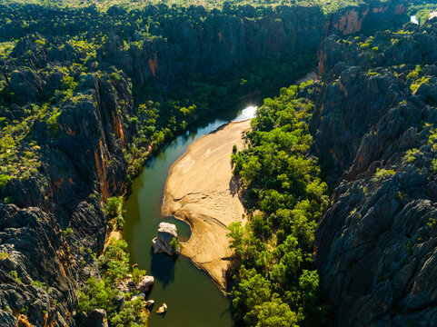 Aerial view into Windjana Gorge carved by the Lennard River in the Kimberley Region of Western Australia