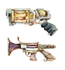 Two steampunk pistols. Sketch style. Watercolor hand drawn illustration. 