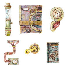 Steam punk elements. Sketch style. Watercolor hand drawn illustration. 