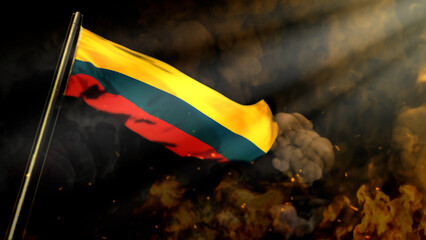 bokeh Colombia flag on smoke with sun rays bg - problems concept - abstract 3D rendering