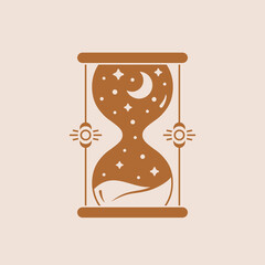 Hourglass logo. Trendy boho illustration with sandglass, moon and stars. Vector isolated esoteric emblem.