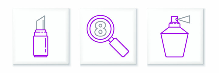 Set line Perfume, Lipstick and Search 8 March icon. Vector
