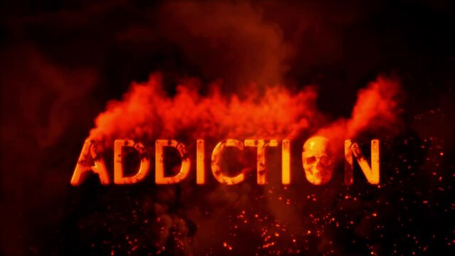 Text addiction with scary man skull on burning backdrop - loop video