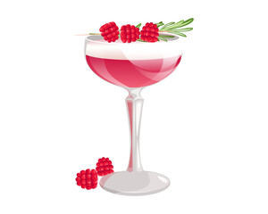 The Clover Club cocktail. Alcoholic cocktail of gin, raspberry syrup, protein and lime.Classic cocktail in a tall glass with raspberries and rosemary.