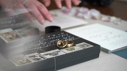 Arranging wedding invitations, rings, planner and stationary for display