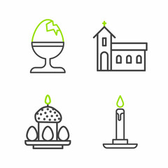 Set line Burning candle in candlestick, Easter cake eggs, Church building and Chicken on stand icon. Vector
